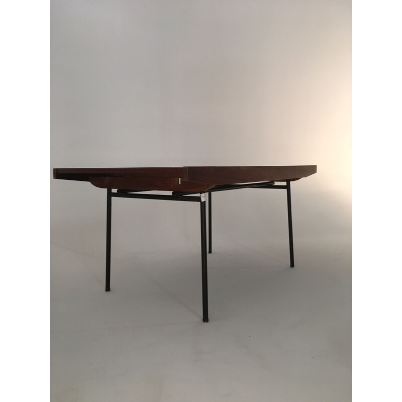 Table vintage Alain Richard Plateau en bois piètement en métal noir