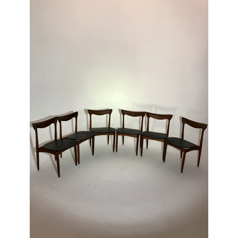 Suite de 6 chaises vintage en teck et Skaï noir Henry Walter Klein