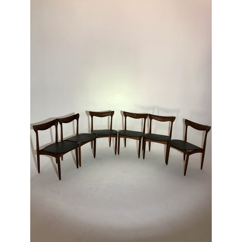 Suite of 6 vintage chairs in teak and black leatherette Henry Walter Klein