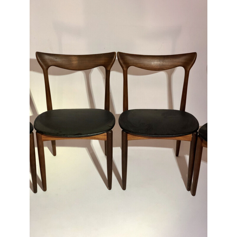 Suite de 6 chaises vintage en teck et Skaï noir Henry Walter Klein