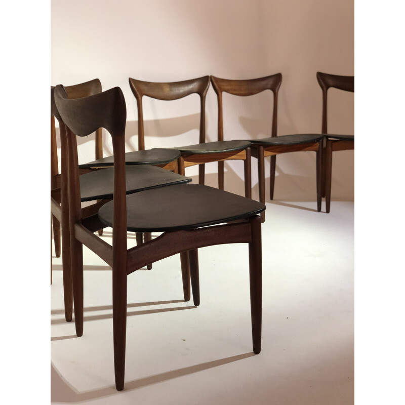 Suite of 6 vintage chairs in teak and black leatherette Henry Walter Klein