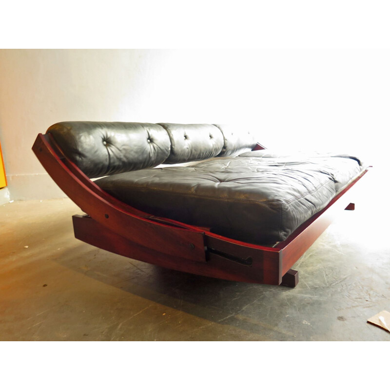 Canapé-lit vintage en cuir et bois de rose, 1963