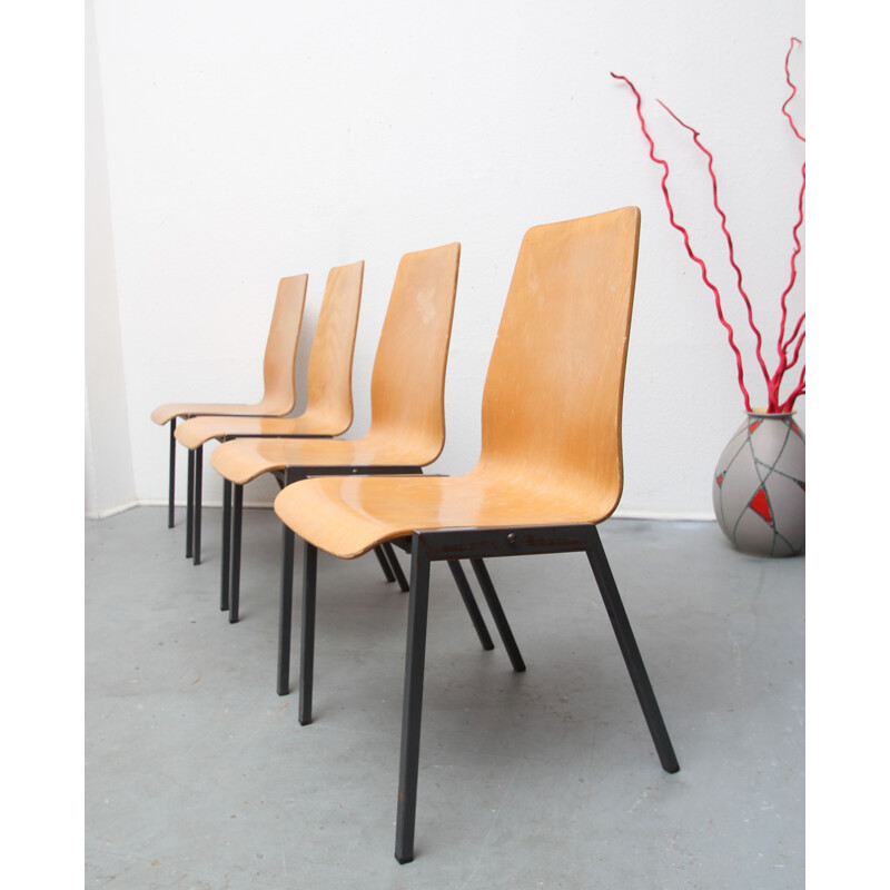 Set of 4 stackable chairs in metal and plywood - 1960s