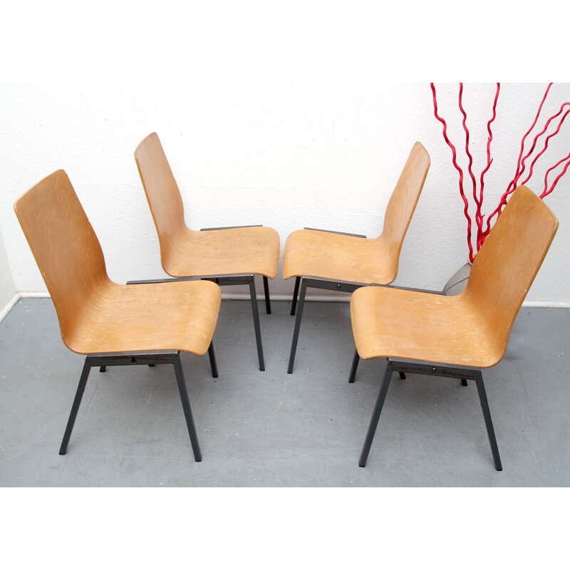 Set of 4 stackable chairs in metal and plywood - 1960s