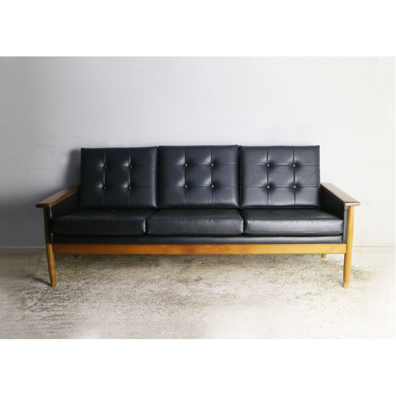 Danish 3 seat black leatherette sofa 1960