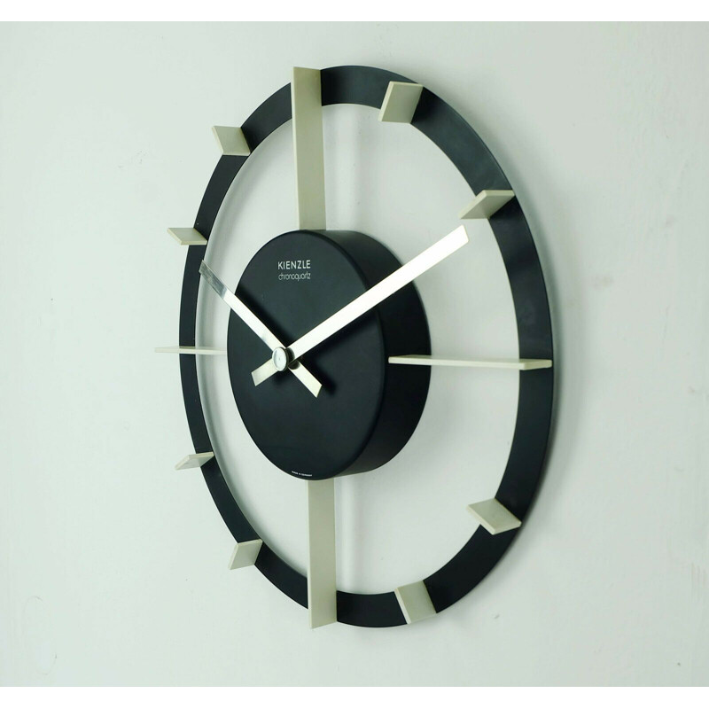 Wall Clock Mid century kienzle chronoquartz black and white metal 1970