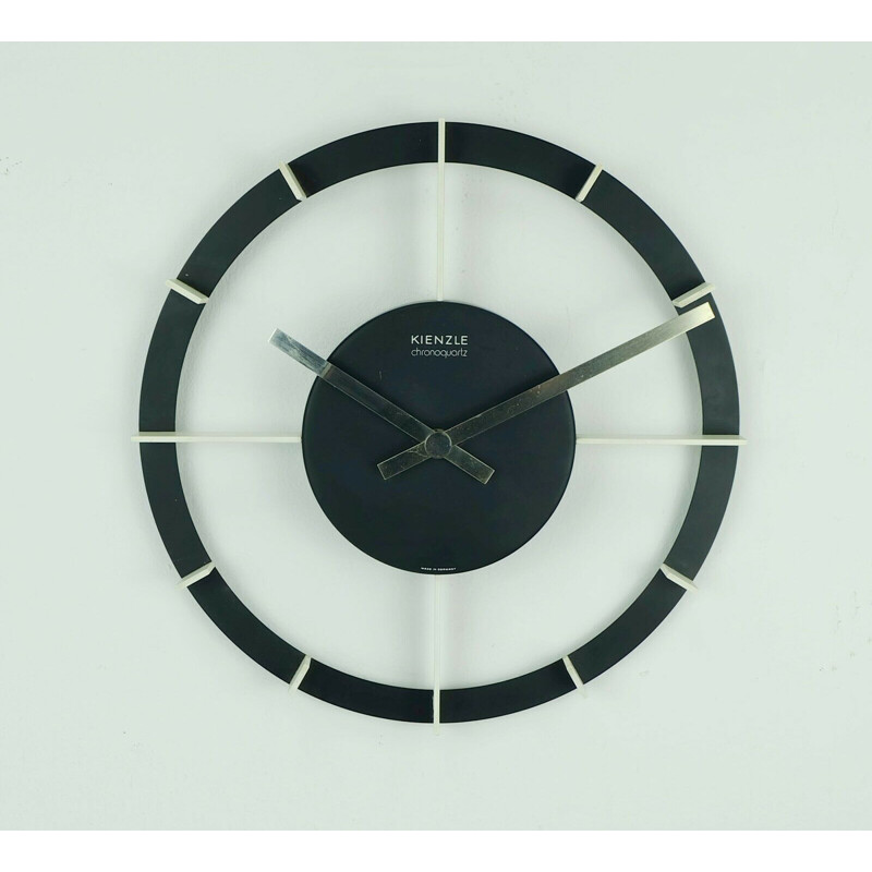Wall Clock Mid century kienzle chronoquartz black and white metal 1970
