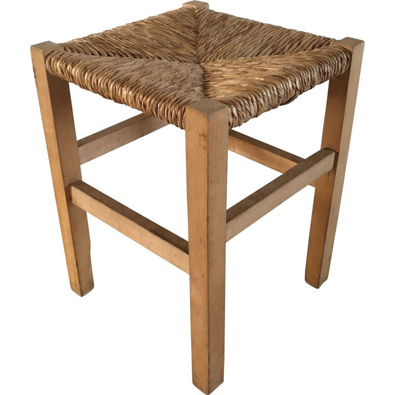 Vintage Geometric Stool in straw and Solid Beech 