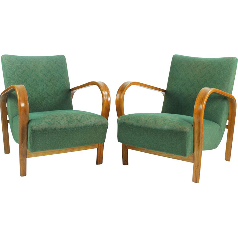 Set of 2 vintage armchairs in Geen fabric and oak from Kropacek and Kozelka, Czechoslovakia 1940