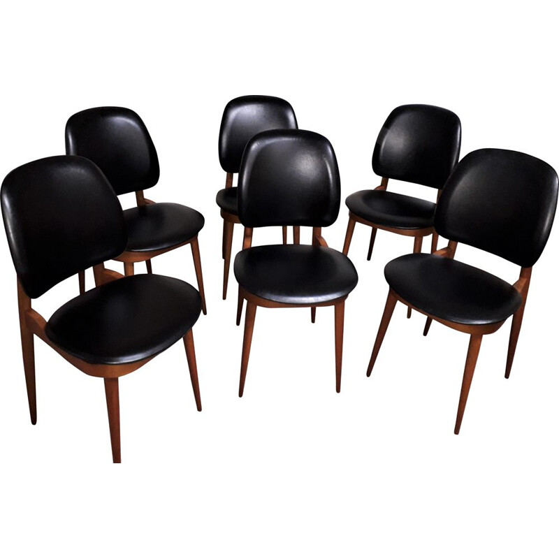 Set of 6 vintage dining room chairs Black leatherette seats and backrests