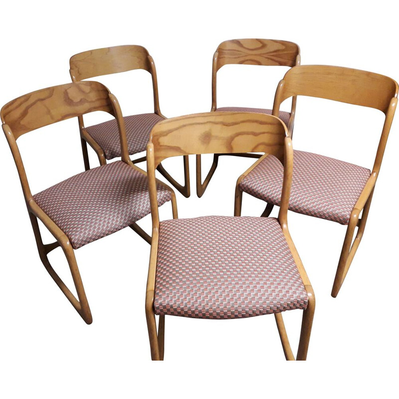 Set of 5 vintage dining room chairs Solid blond wood structure 1960