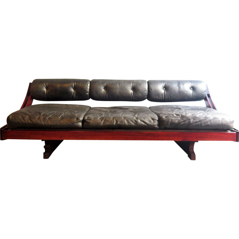 Canapé-lit vintage en cuir et bois de rose, 1963