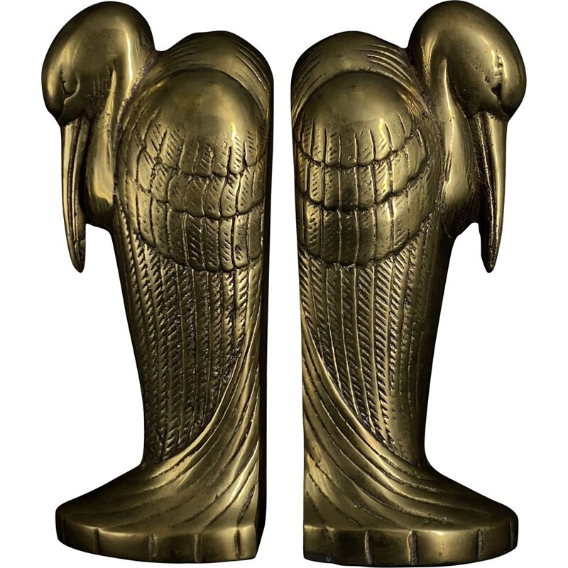 Art Deco brass vintage bookends in the shape of Marabou, Netherlands 1930