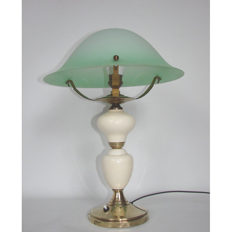 Vintage messing, metalen en glazen tafellamp, 1940