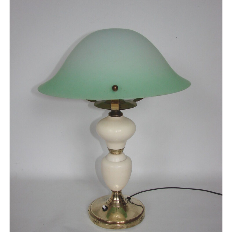 Vintage brass, metal and glass table lamp, 1940