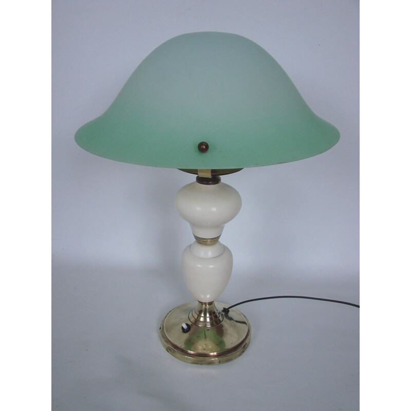 Vintage brass, metal and glass table lamp, 1940