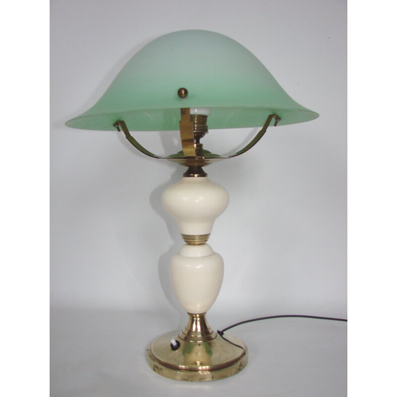 Vintage brass, metal and glass table lamp, 1940