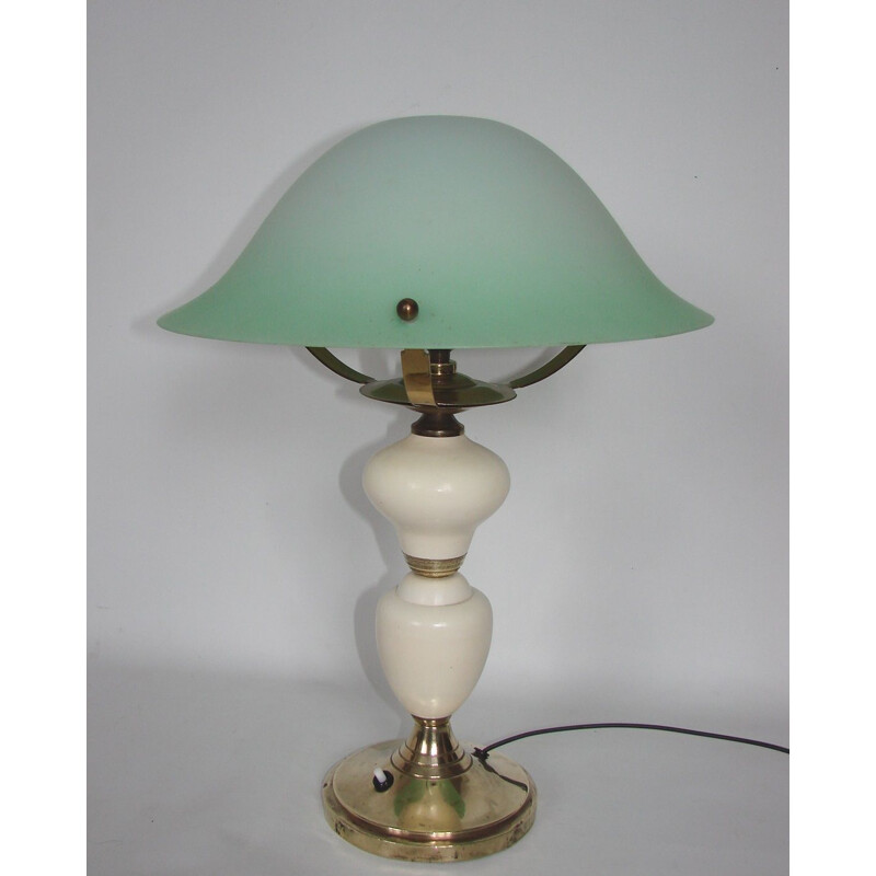 Lampe de table vintage en laiton, métal et verre, 1940