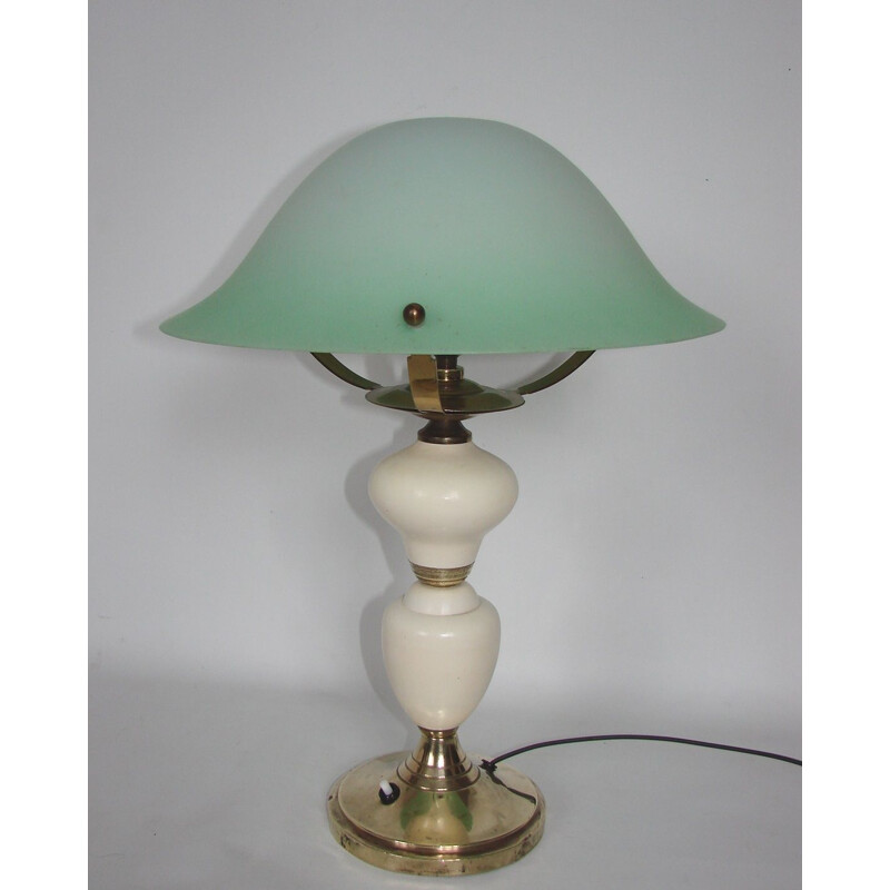 Vintage brass, metal and glass table lamp, 1940