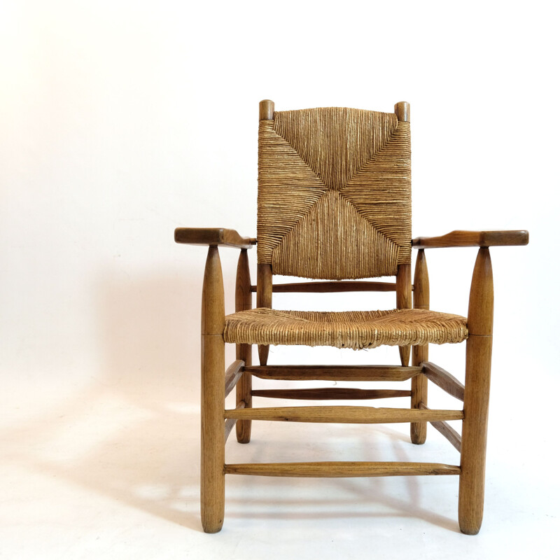 Fauteuil vintage paillé bois massif  Pierre Jeanneret, 1945