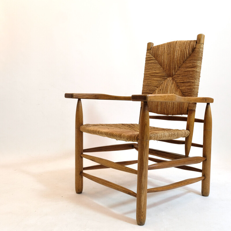 Fauteuil vintage paillé bois massif  Pierre Jeanneret, 1945