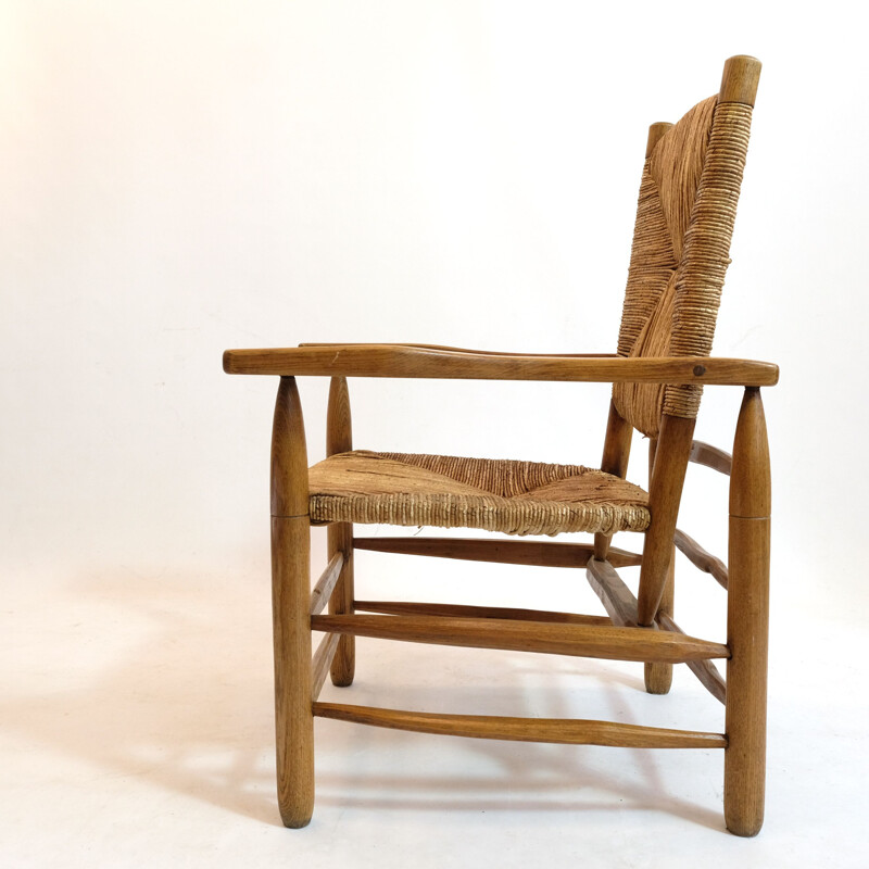 Fauteuil vintage paillé bois massif  Pierre Jeanneret, 1945