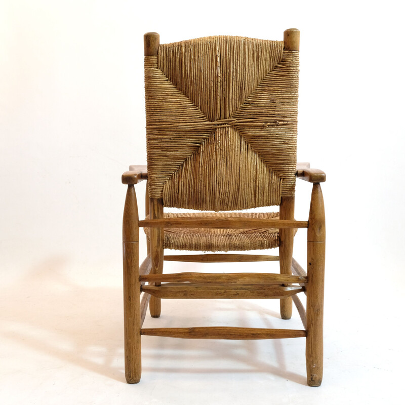 Fauteuil vintage paillé bois massif  Pierre Jeanneret, 1945