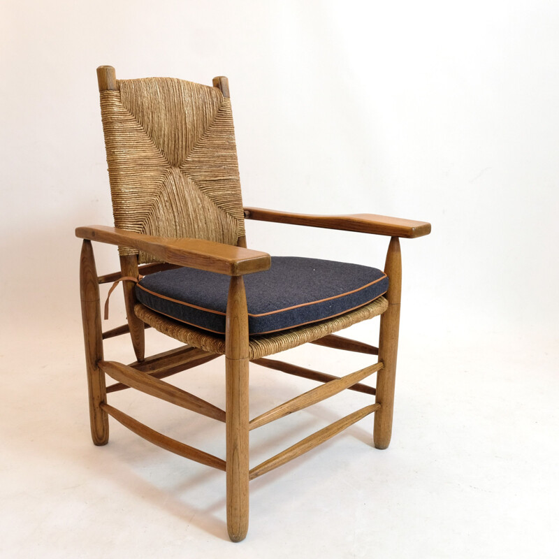 Fauteuil vintage paillé bois massif  Pierre Jeanneret, 1945