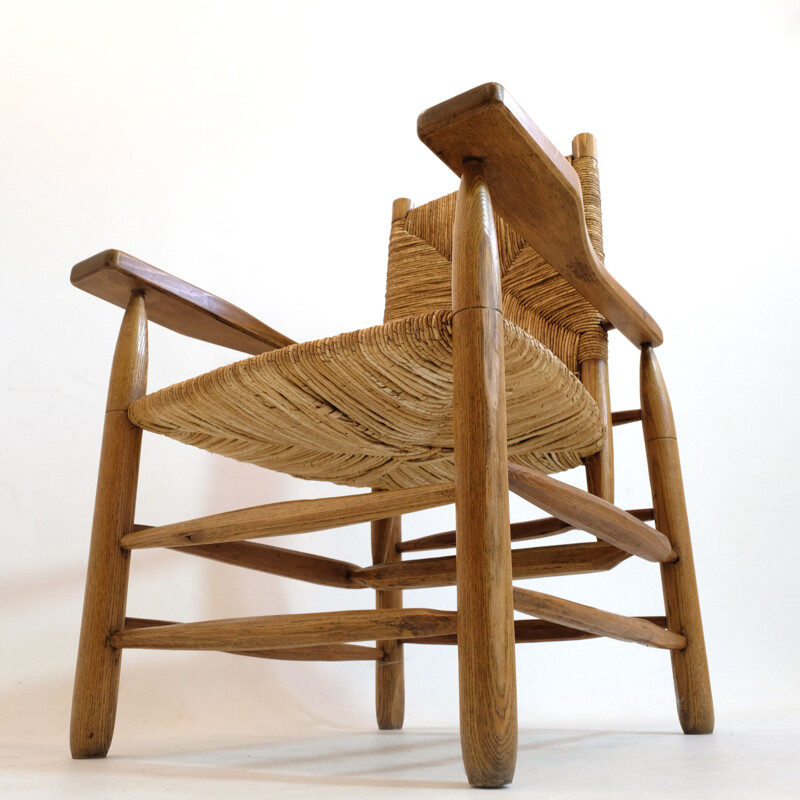 Straww wood armchair Pierre Jeanneret, 1945