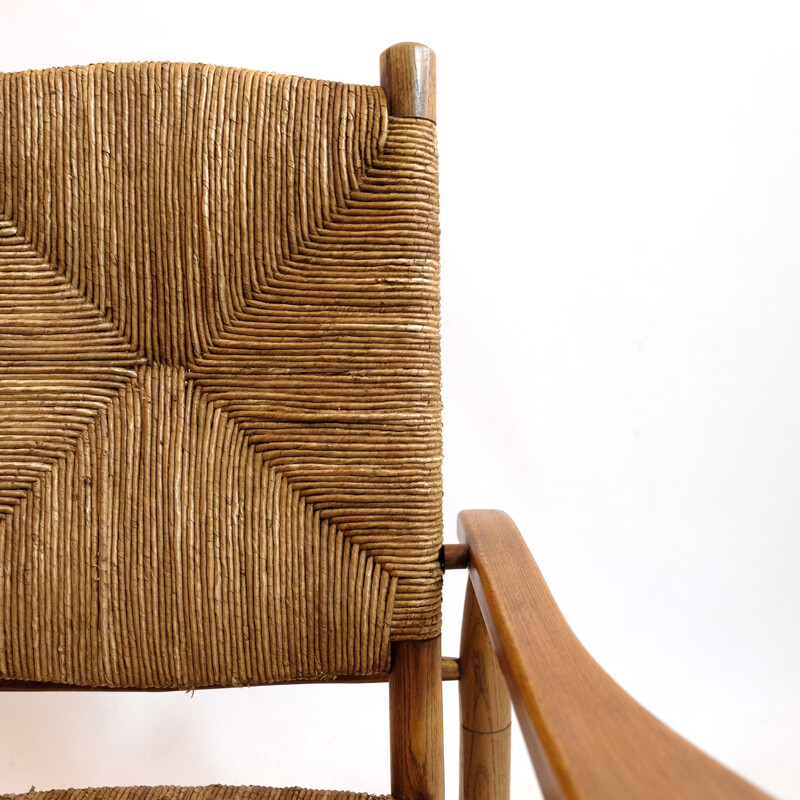 Fauteuil vintage paillé bois massif  Pierre Jeanneret, 1945