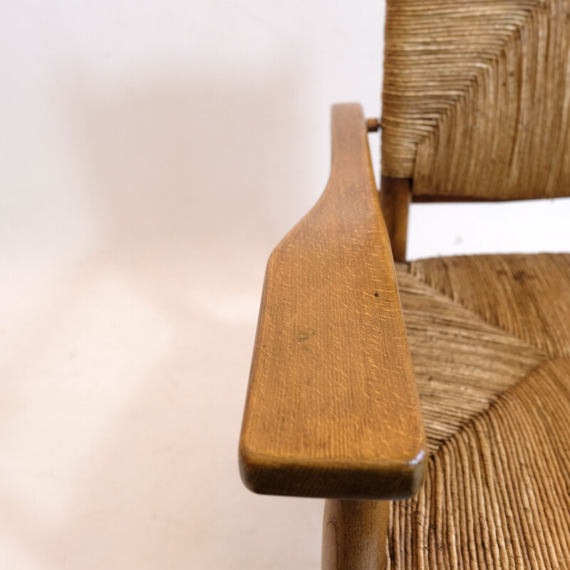 Fauteuil vintage paillé bois massif  Pierre Jeanneret, 1945