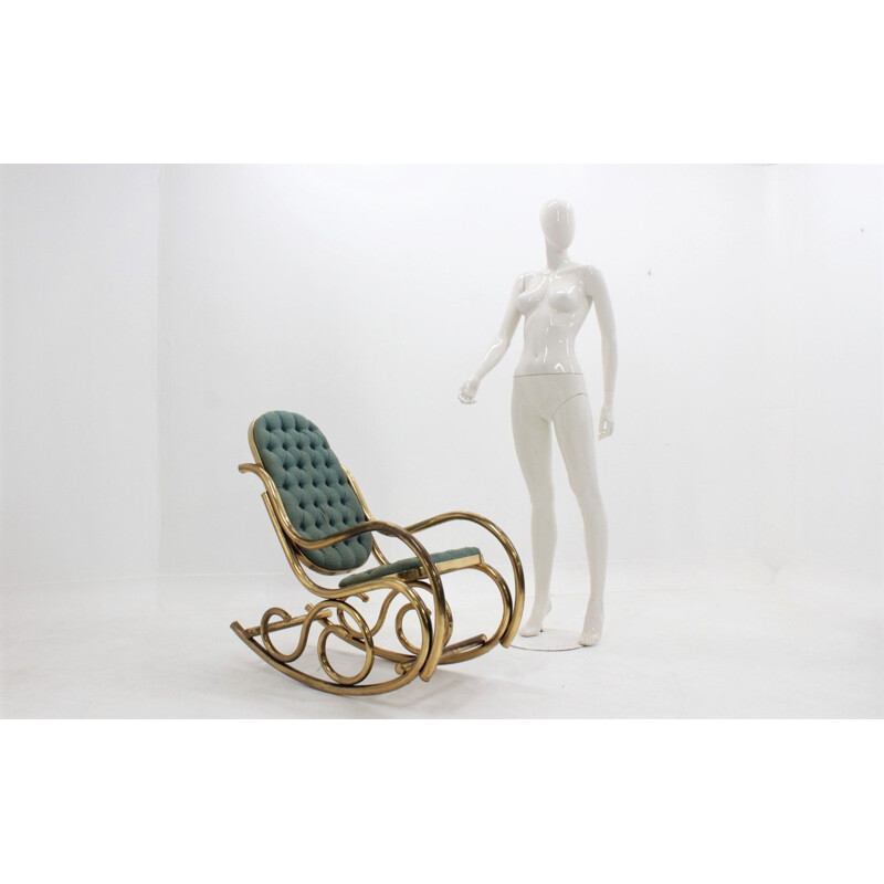 Vintage satin upholstered brass Rocking Chair by Thonet, 1940