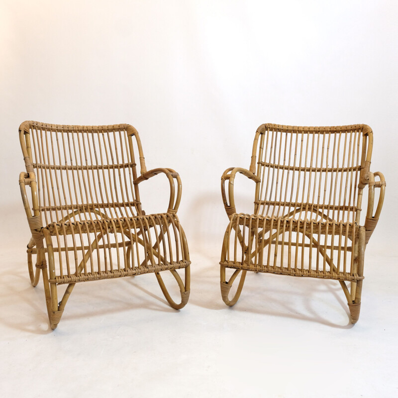 Vintage curved rattan basket armchair 1950