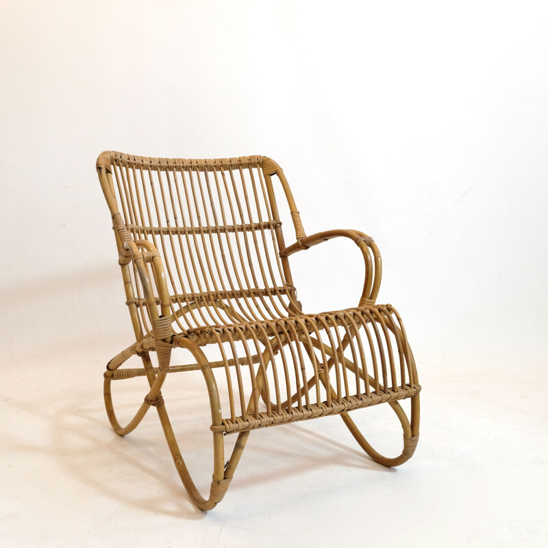 Vintage curved rattan basket armchair 1950