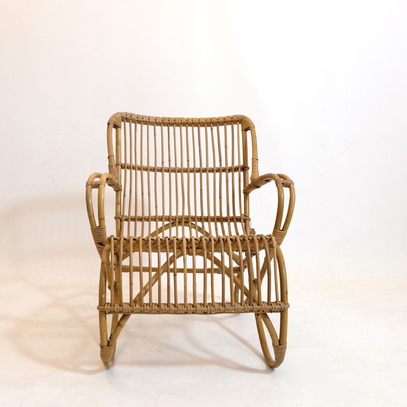 Vintage curved rattan basket armchair 1950