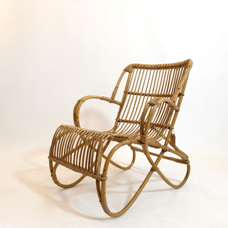 Vintage curved rattan basket armchair 1950