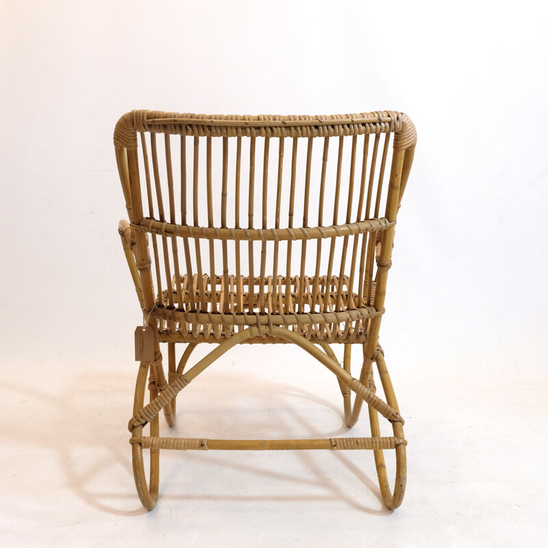 Vintage curved rattan basket armchair 1950