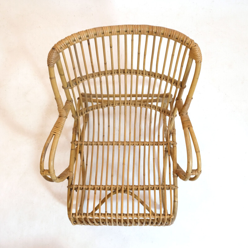 Vintage curved rattan basket armchair 1950