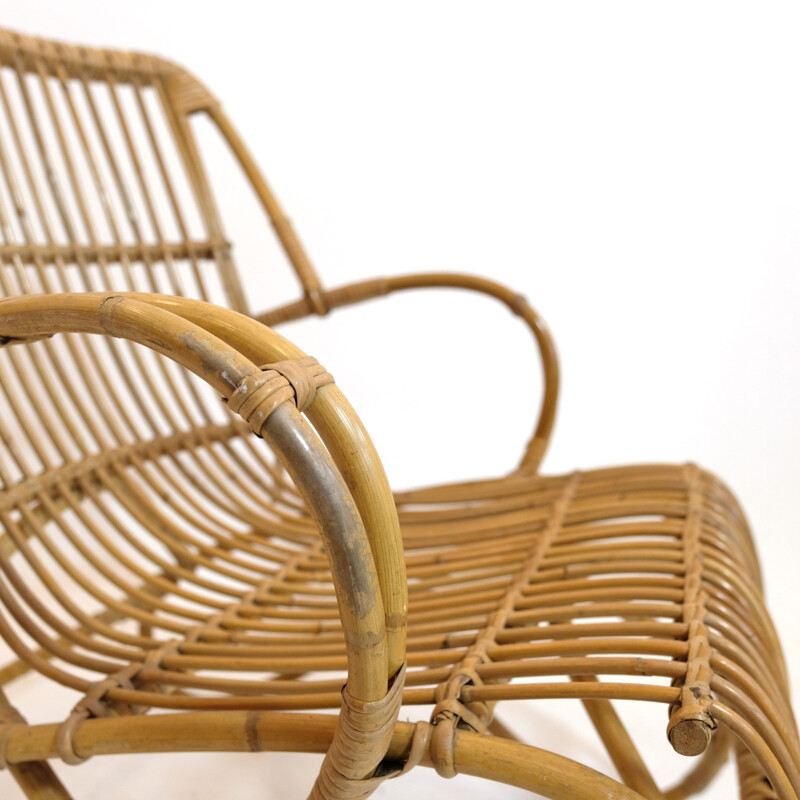 Vintage curved rattan basket armchair 1950