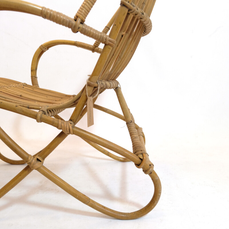 Vintage curved rattan basket armchair 1950