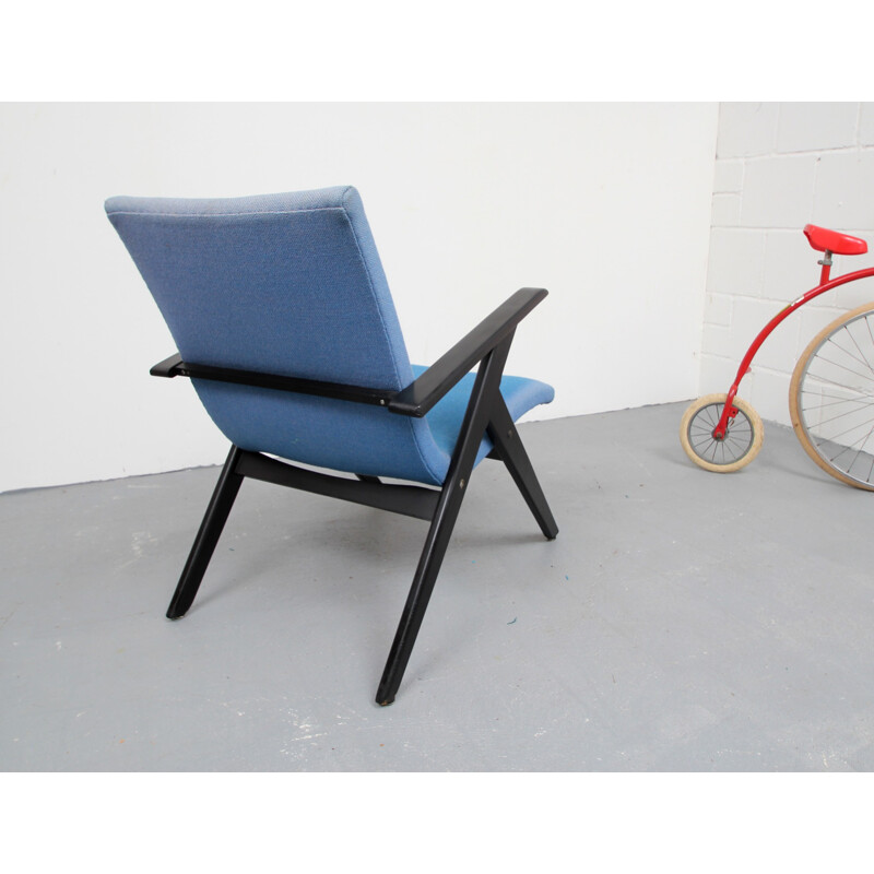 Vintage zwarte houten en blauwe stoffen fauteuil - 1950