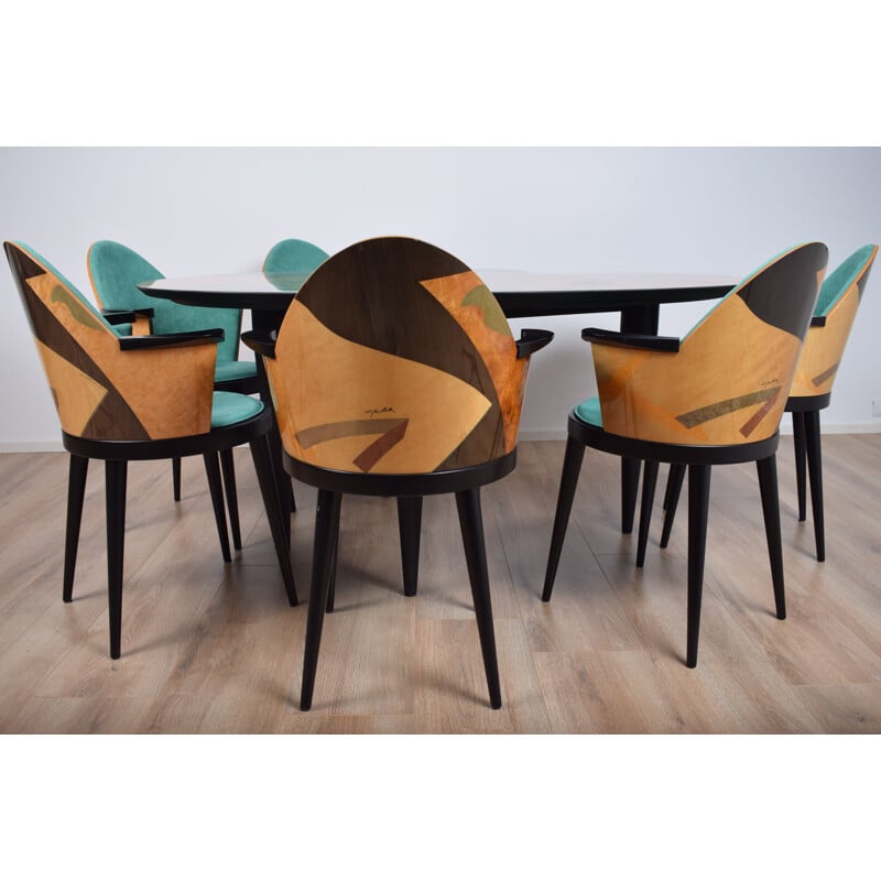 Carlo Malnati marquetry table and chair set 1980