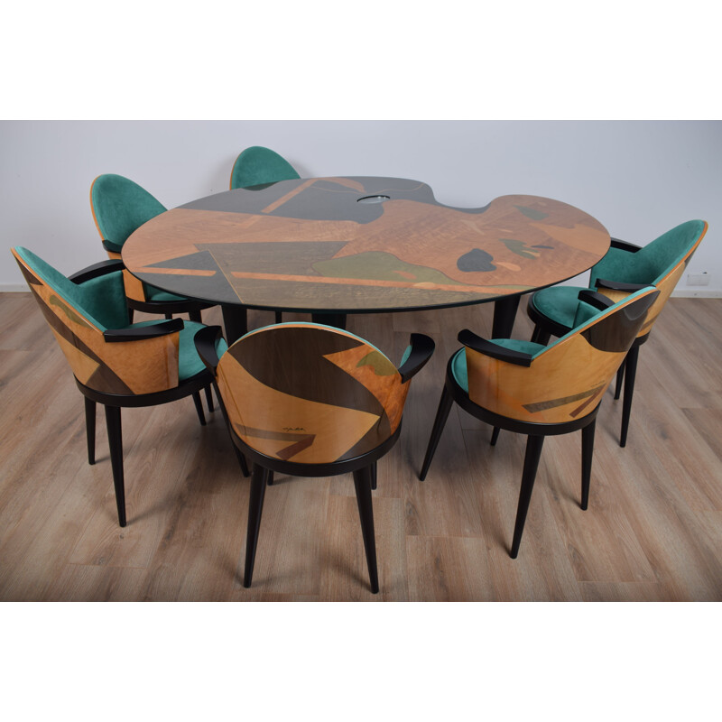 Carlo Malnati marquetry table and chair set 1980