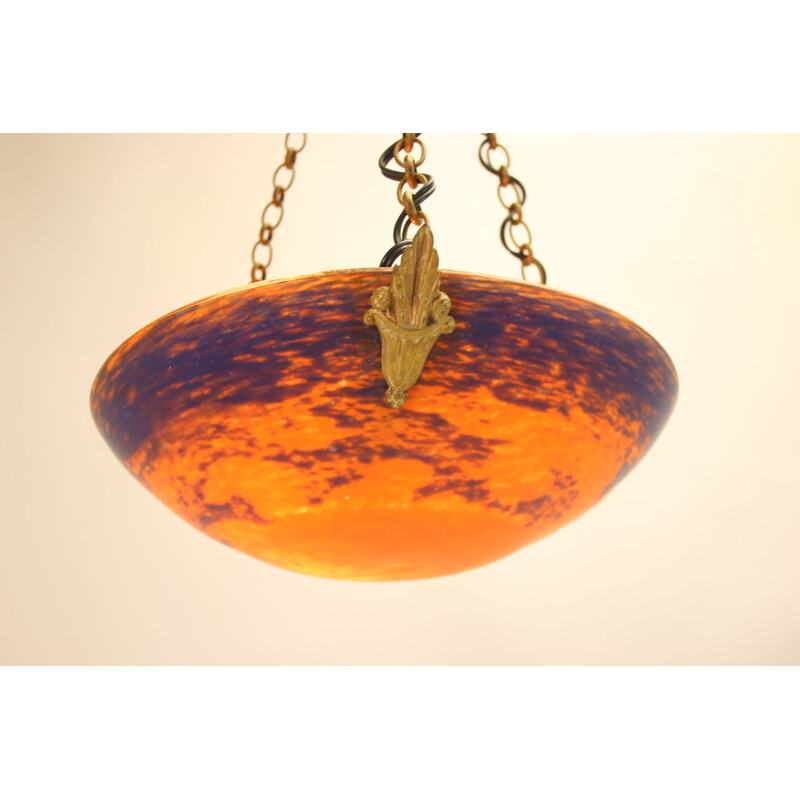 Suspension vintage lumineux de style français Schneider Art Glass Bowl