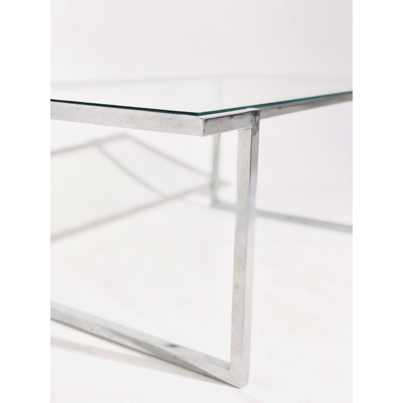 Table basse vintage piètement aluminium chromé plateau en verre 1970 