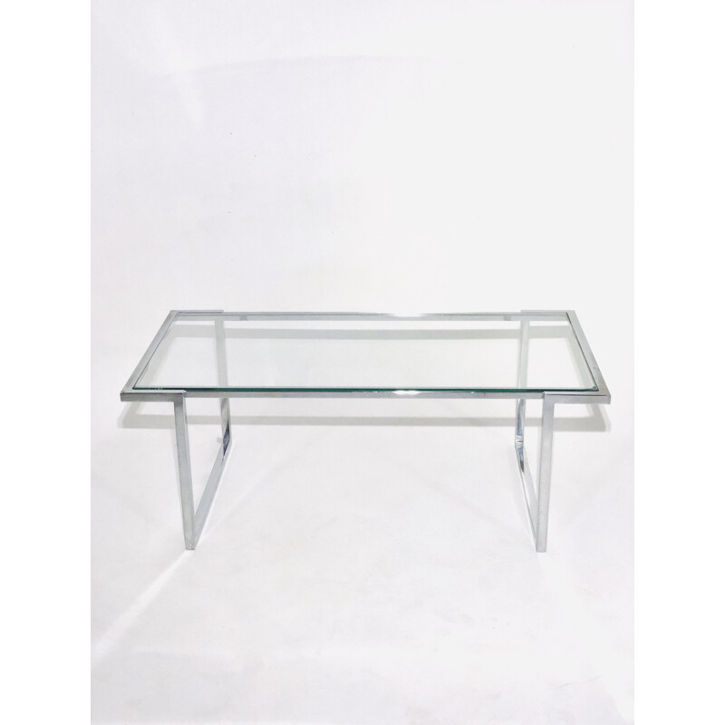 Table basse vintage piètement aluminium chromé plateau en verre 1970 