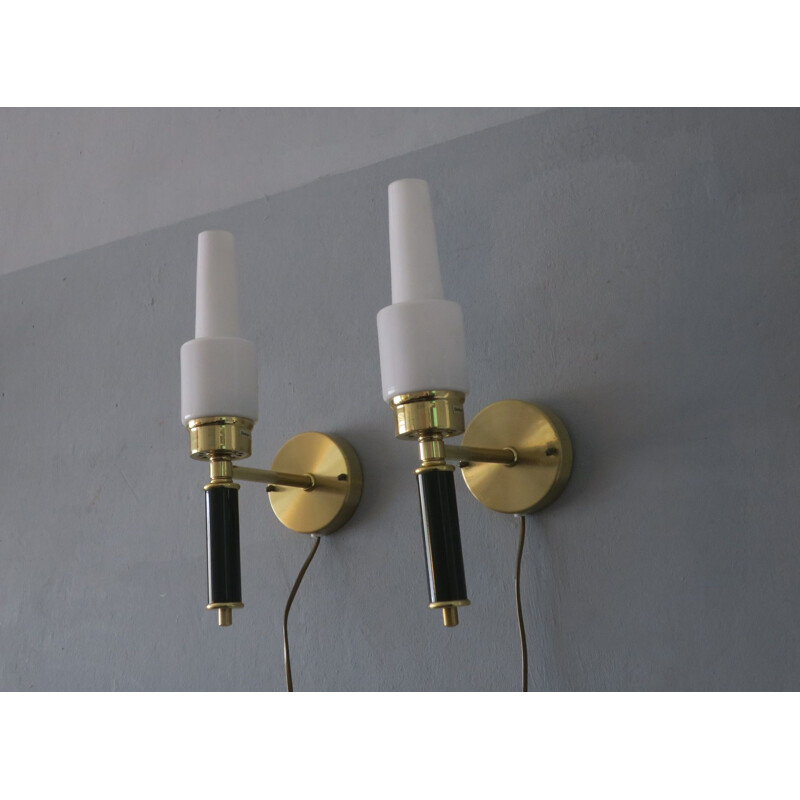 Vintage Pair of Ewo Varnamo Brass and Glass Wall Lights by C E Fors
