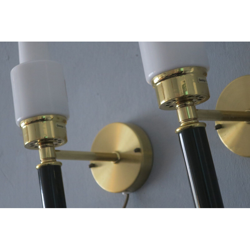 Vintage Pair of Ewo Varnamo Brass and Glass Wall Lights by C E Fors