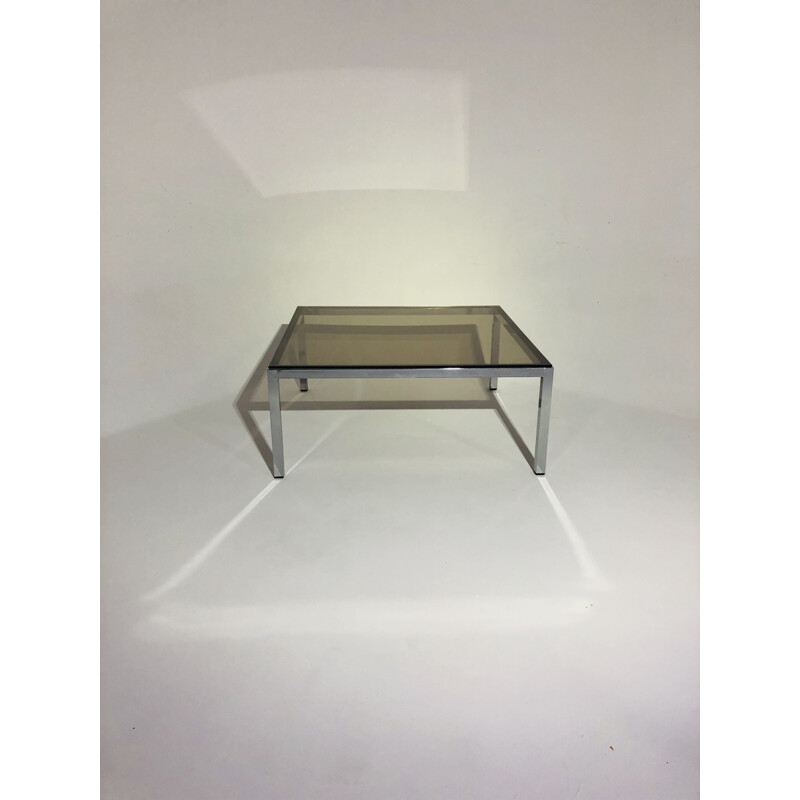 Vintage square chromed aluminium coffee table with smoked glass 1970 