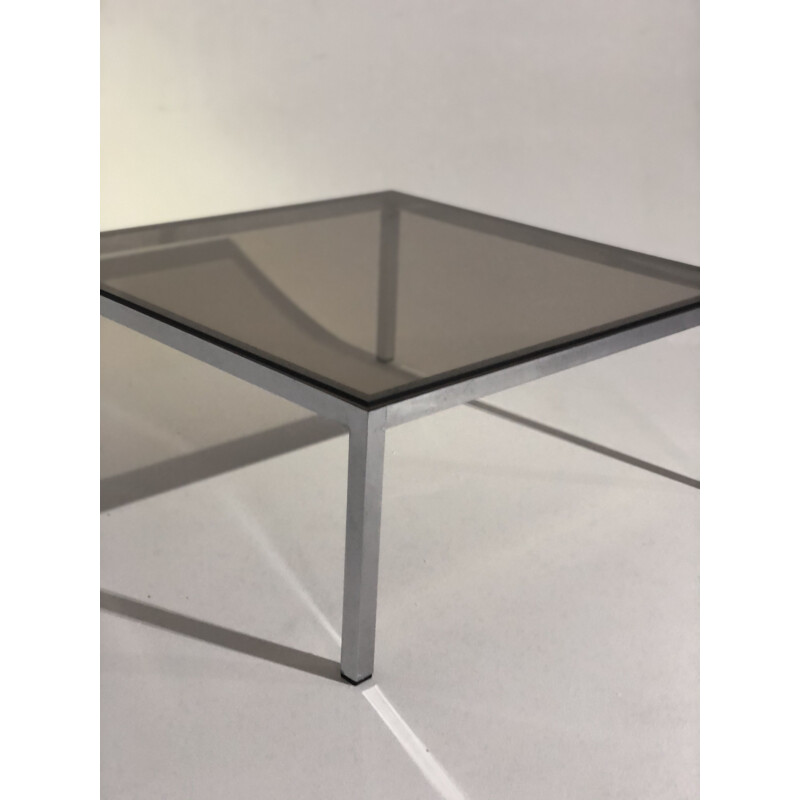 Table basse vintage carée en aluminium chromé  verre fumé 1970 